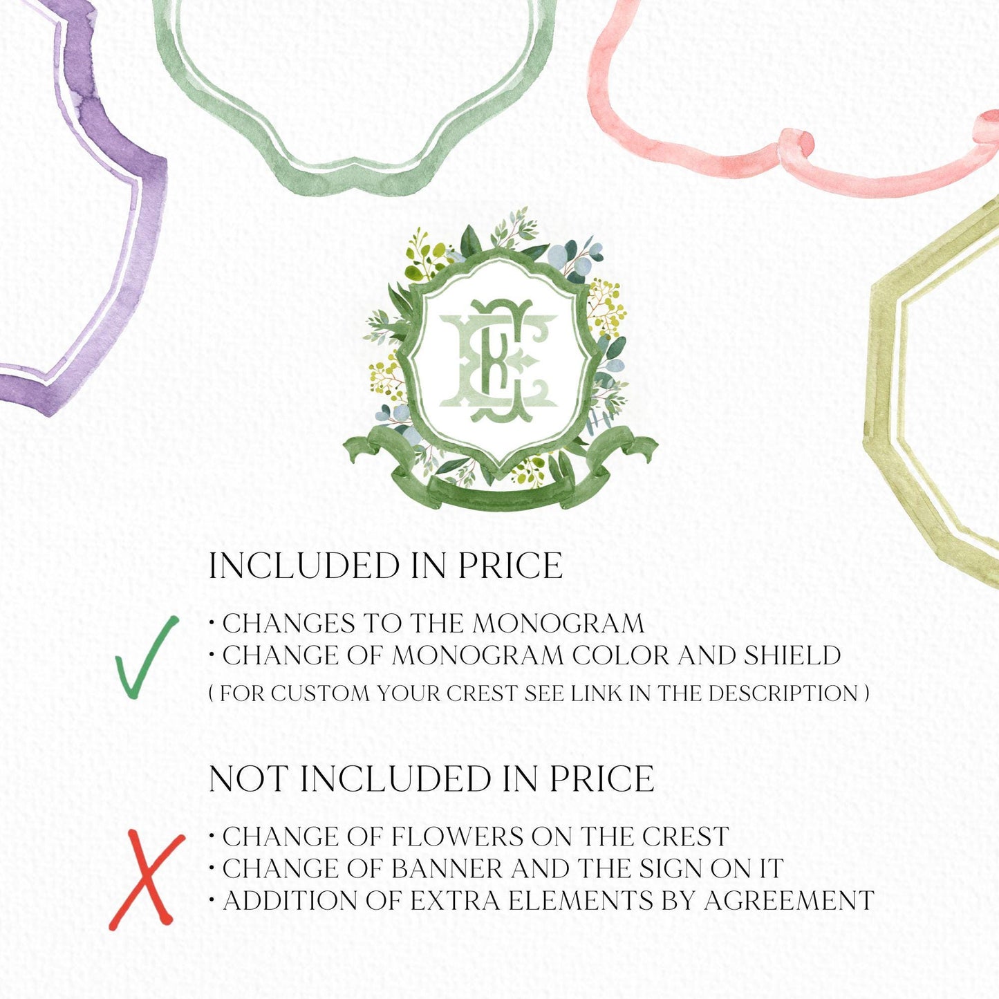 Eucalyptus Green Leaves Flower Wedding Crest - Monogram Crest - Greenery Floral Luxury Watercolor Wedding Crest - Romantic Wedding Crest