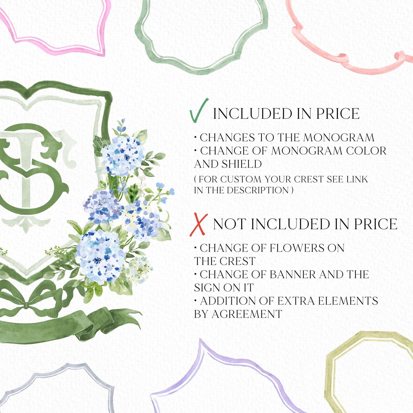 Hydrangea Blue Wedding Crest - Monogram Crest - Light Blue Hydrangea Floral Luxury Watercolor Wedding Crest - Romantic Wedding Crest