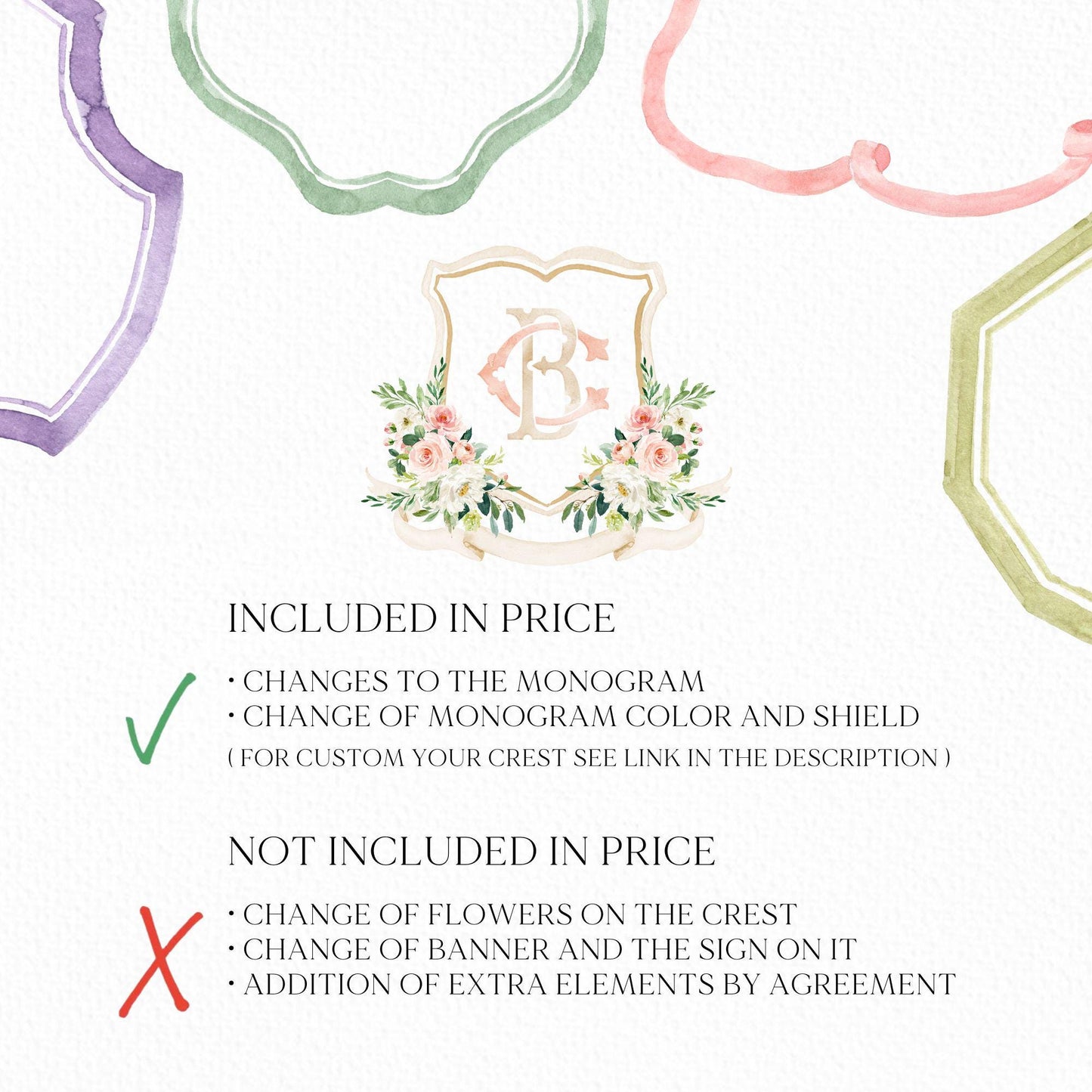 Blush Pink Floral Rustic Greenery Flower Wedding Crest - Monogram Crest - Floral Watercolor Wedding Crest - Romantic Wedding Crest
