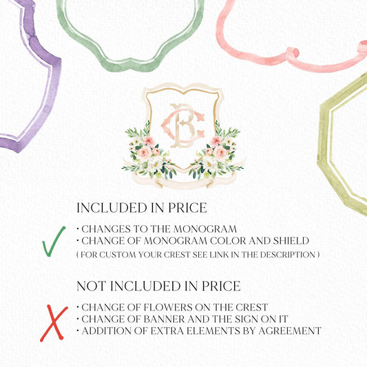 Blush Pink Floral Rustic Greenery Flower Wedding Crest - Monogram Crest - Floral Watercolor Wedding Crest - Romantic Wedding Crest