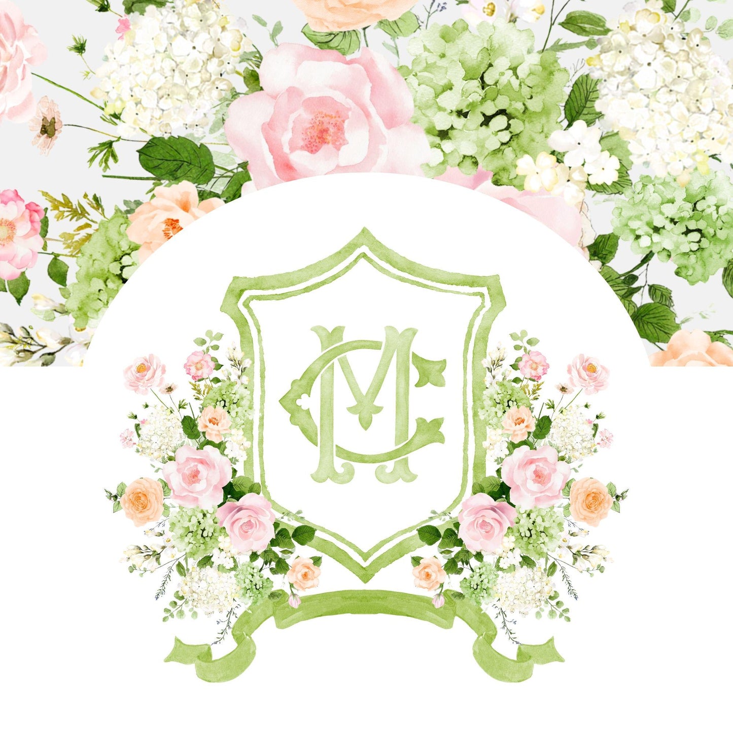 White Roses Blush Pink Rose Flower Wedding Crest - Monogram Crest - Green Hydrangea Floral Luxury Watercolor Wedding Crest