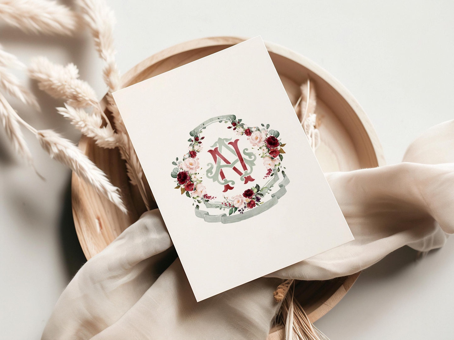 Geometric Burgundy blush Pink Floral Wedding Crest - Monogram Crest - Burgundy Floral Watercolor Wedding Crest - Romantic Wedding Crest