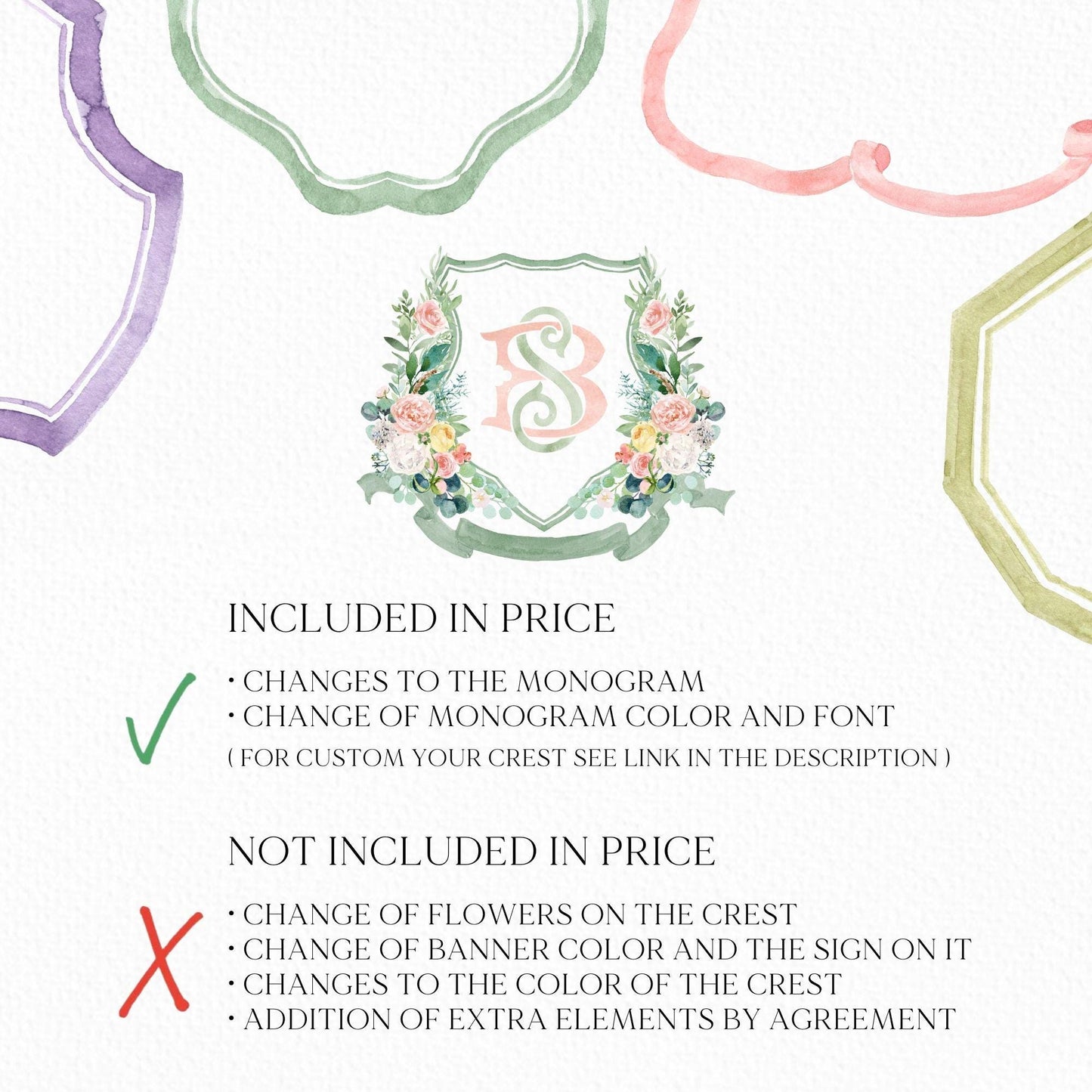 Boho Pink Flowers Greenery Wedding Crest - Monogram Crest - Pink Floral Luxury Watercolor Wedding Crest - Romantic Wedding Crest