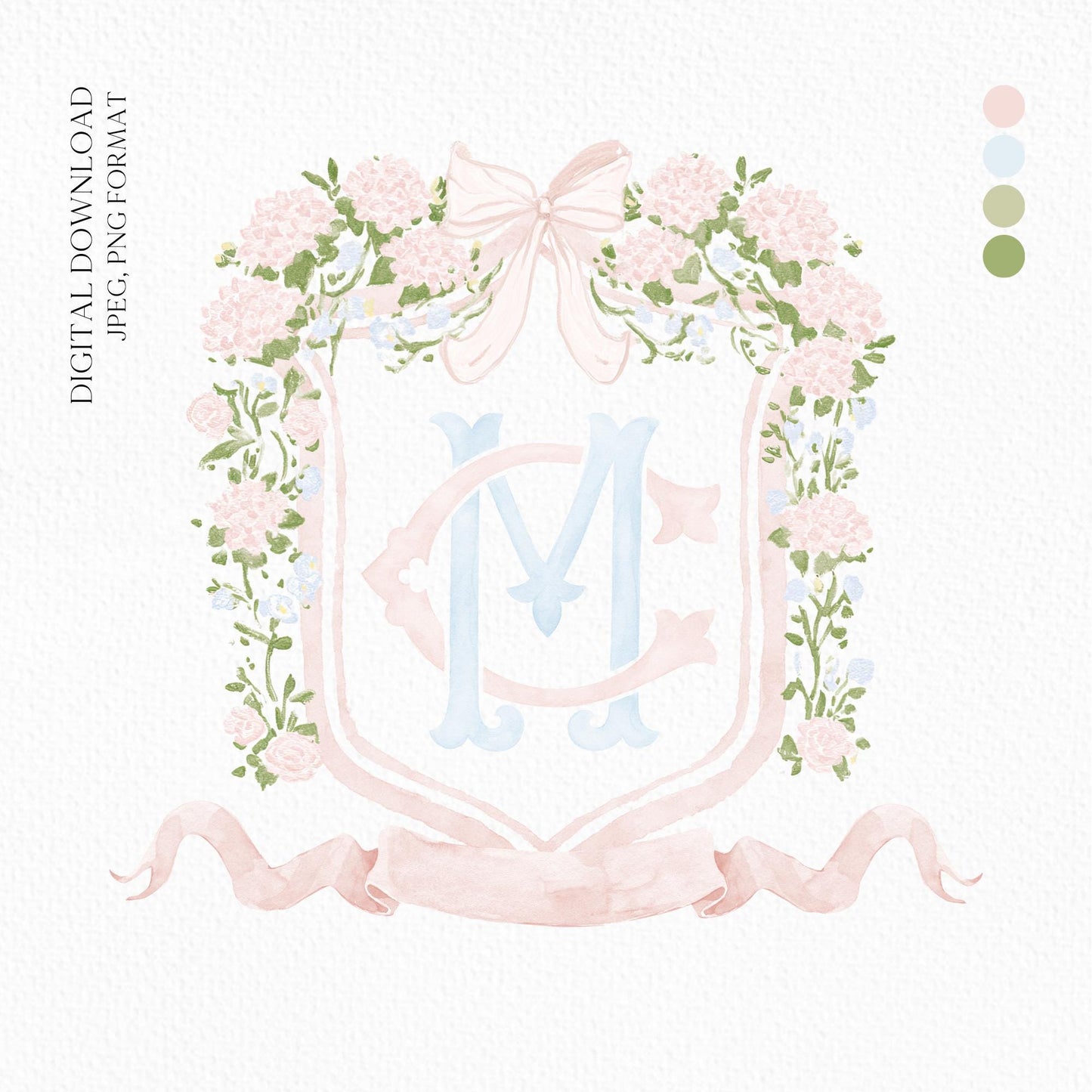 Hydrangea Pink Green Floral Wedding Crest - Monogram Crest - Green Baby's Breath Hydrangea Floral Luxury Watercolor Wedding Crest