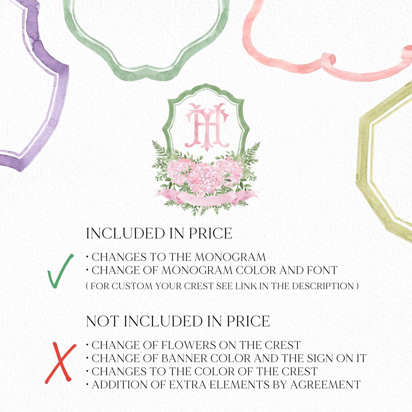 Pink Hydrangea Flower Greenery Wedding Crest - Monogram Crest - Hydrangea Floral Luxury Watercolor Wedding Crest - Romantic Wedding Crest