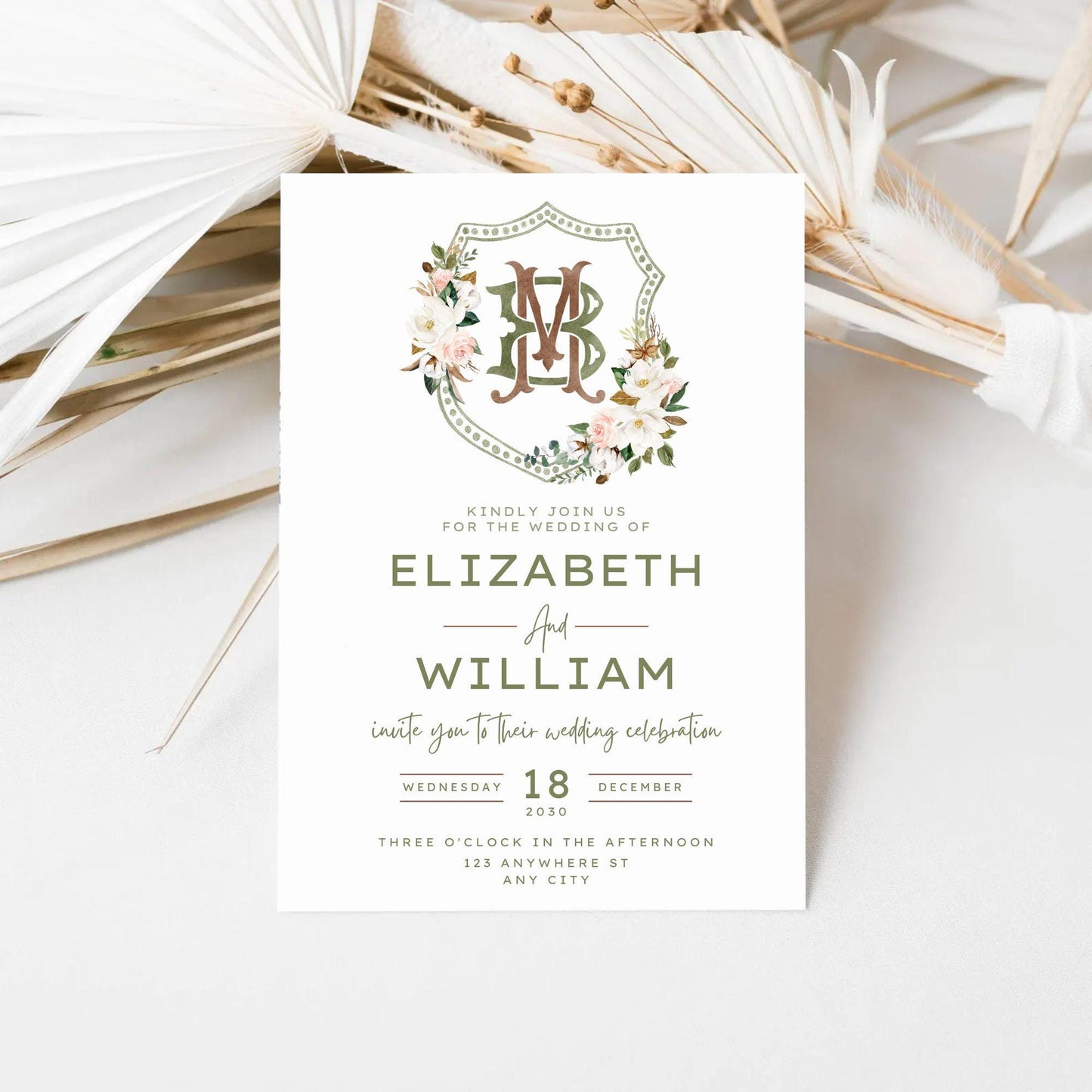 Magnolia Greenery Flower Watercolor Wedding Crest - Monogram Crest - Magnolia Floral Watercolor Wedding Crest - Romantic Wedding Crest