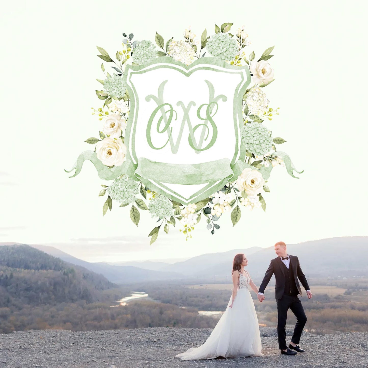 Green Hydrangea Flower Wedding Crest - Monogram Crest - Hydrangea Floral Watercolor Wedding Crest - Romantic Wedding Crest - Boho Hydrangea