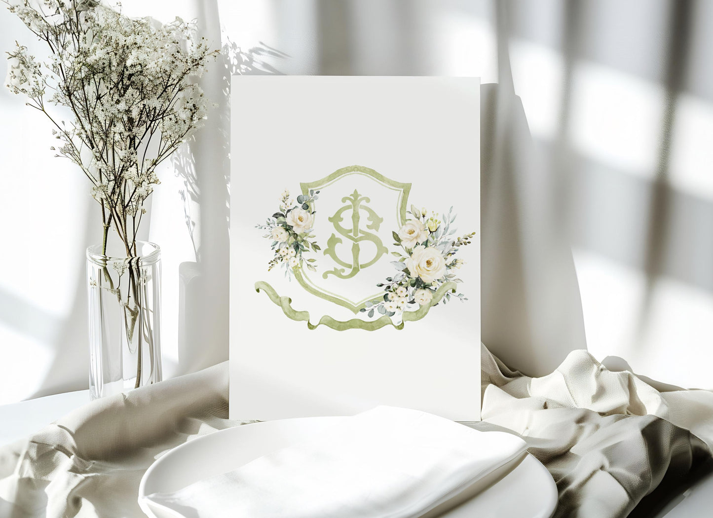 Creamy Rose Ivory Greenery Gold Flower Wedding Crest - Monogram Crest - Floral Luxury Watercolor Wedding Crest - Romantic Wedding Crest