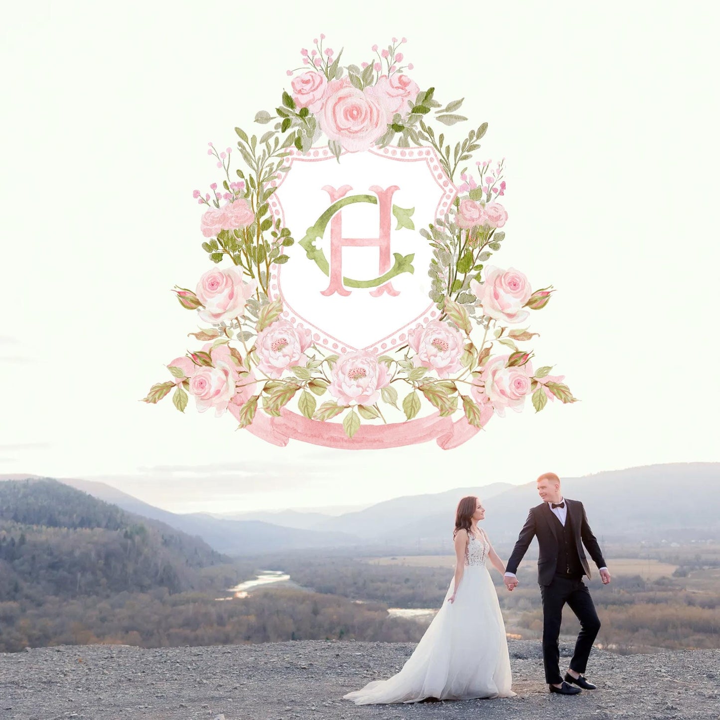 Blush Pink Floral Rustic Greenery Flower Wedding Crest - Monogram Crest - Floral Watercolor Wedding Crest - Romantic Wedding Crest