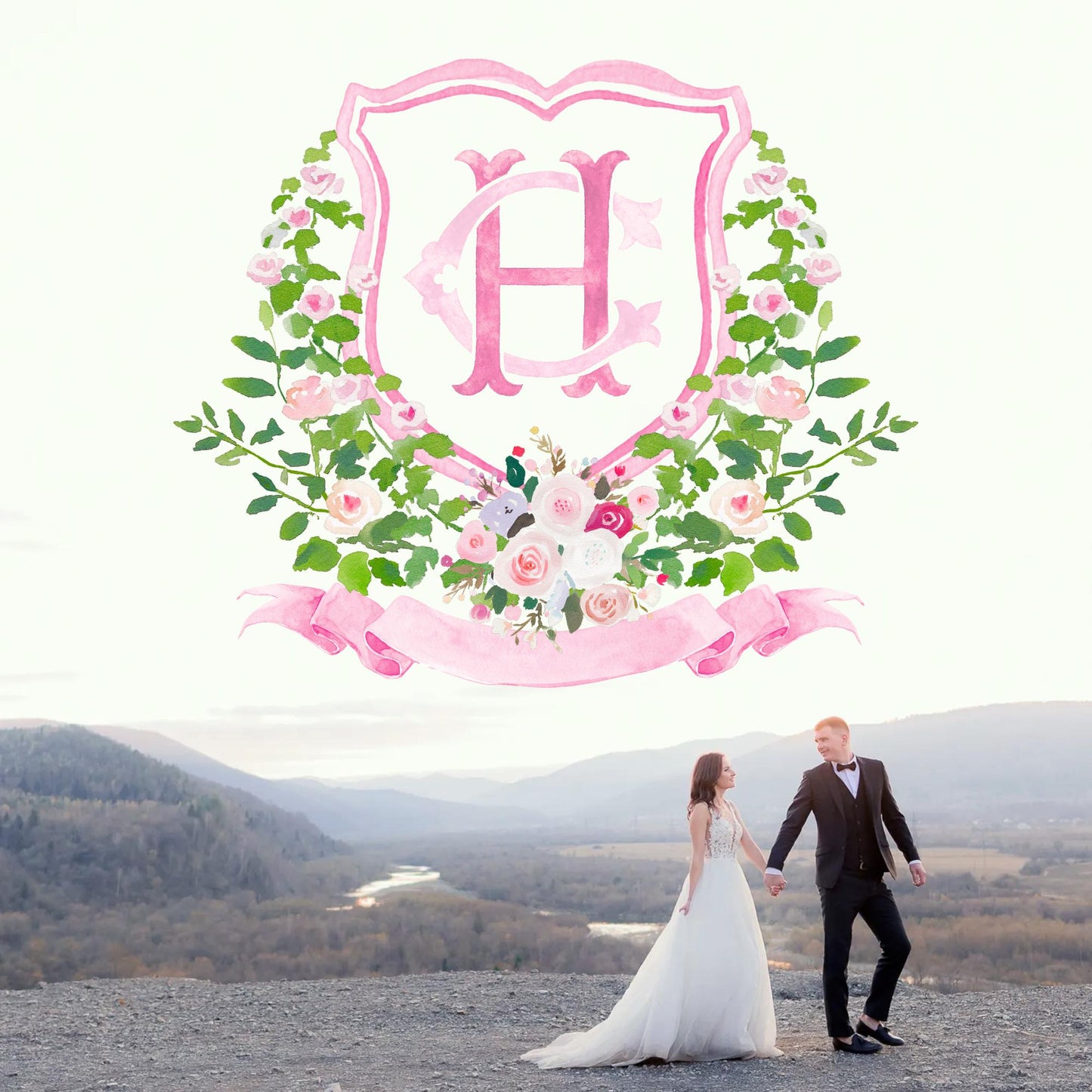 Pastel Roses Pink Greenery Flower Wedding Crest - Monogram Crest - Pink Blush Floral Watercolor Wedding Crest - Romantic Wedding Crest