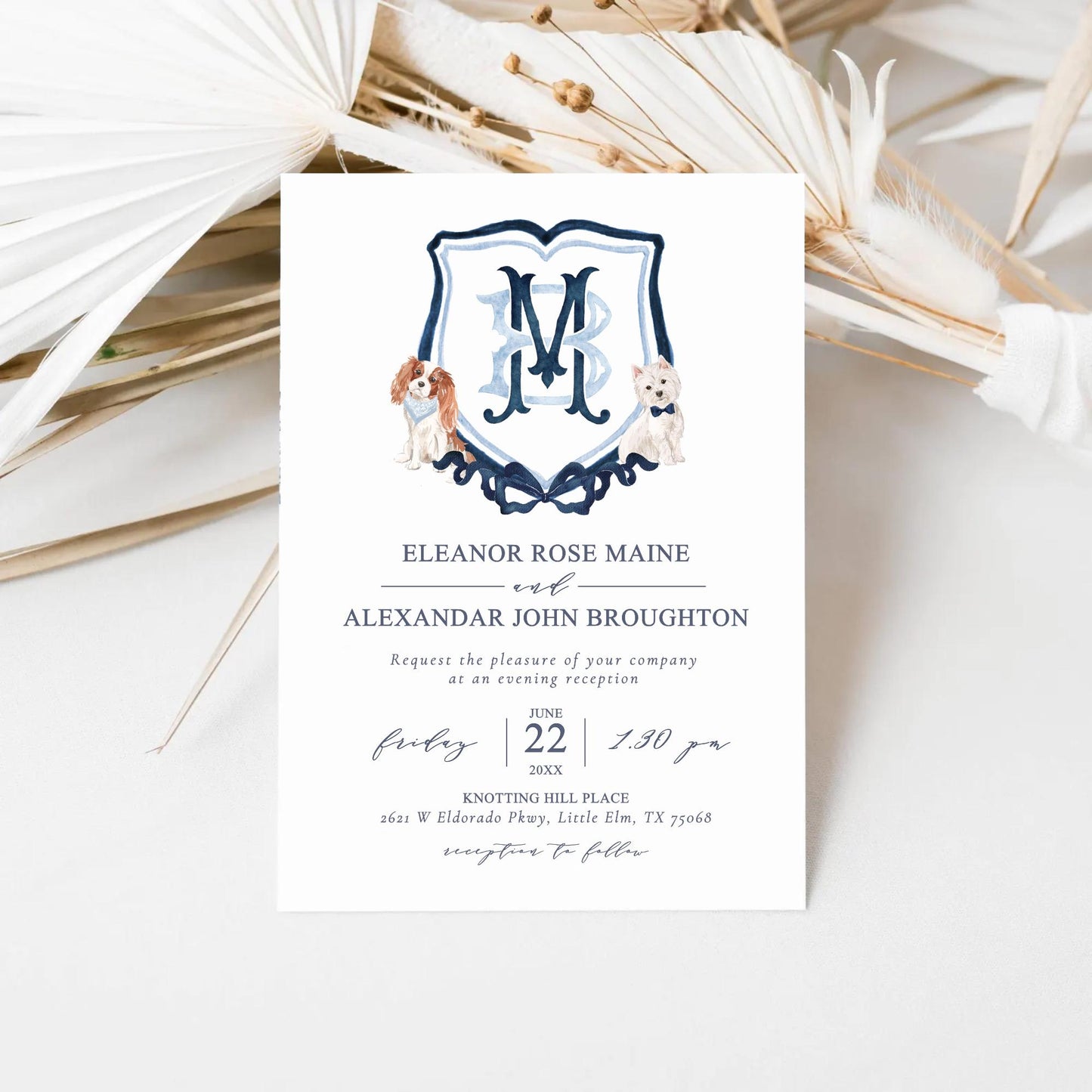 Dark Blue Watercolor Classic Eucalyptus Ribbon Flower Wedding Crest - Monogram Crest - Watercolor Wedding Crest - Romantic Wedding Crest