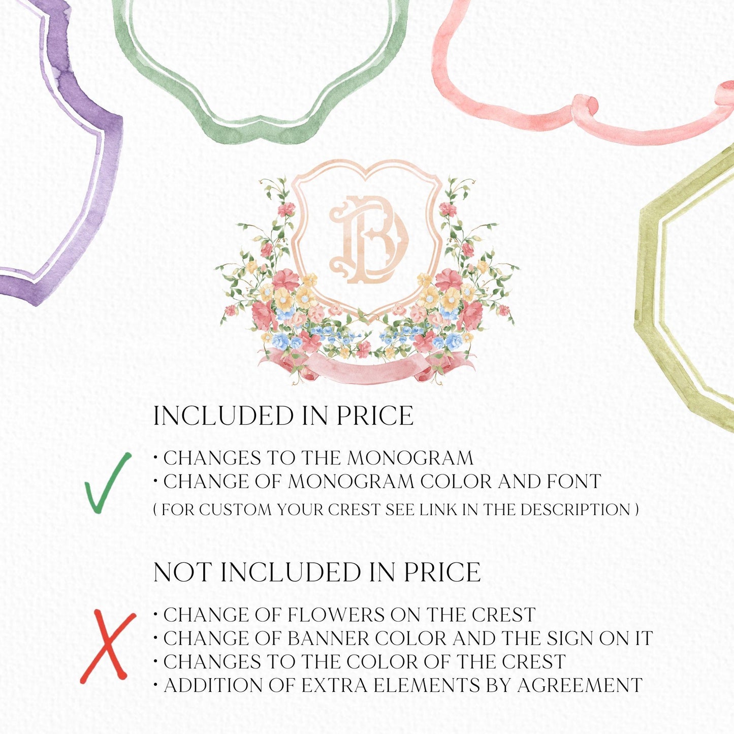 Wildflowers Pink Flower Garden Flowers Wedding Crest - Monogram Crest - Floral Luxury Watercolor Wedding Crest - Romantic Wedding Crest
