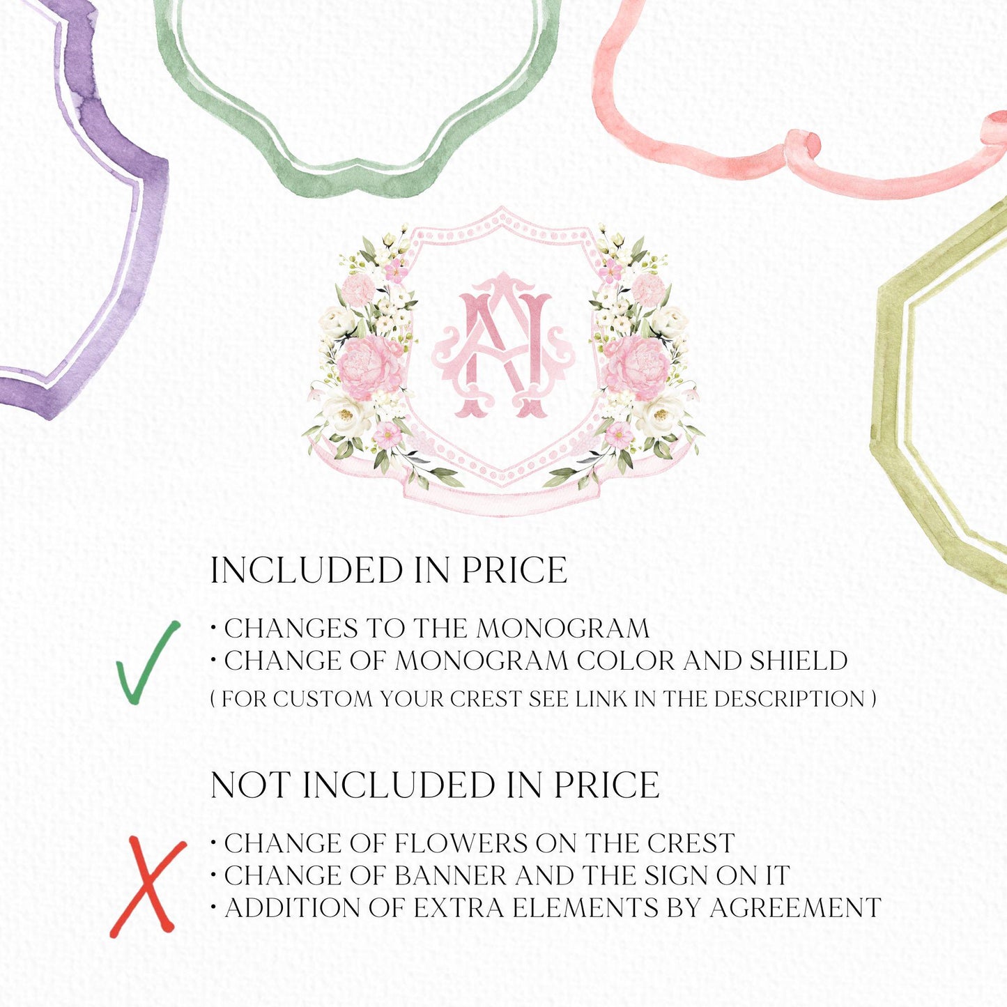 Creamy Rose Ivory Pink Peony White Flower Wedding Crest - Monogram Crest - Pink Floral Watercolor Wedding Crest - Romantic Wedding Crest