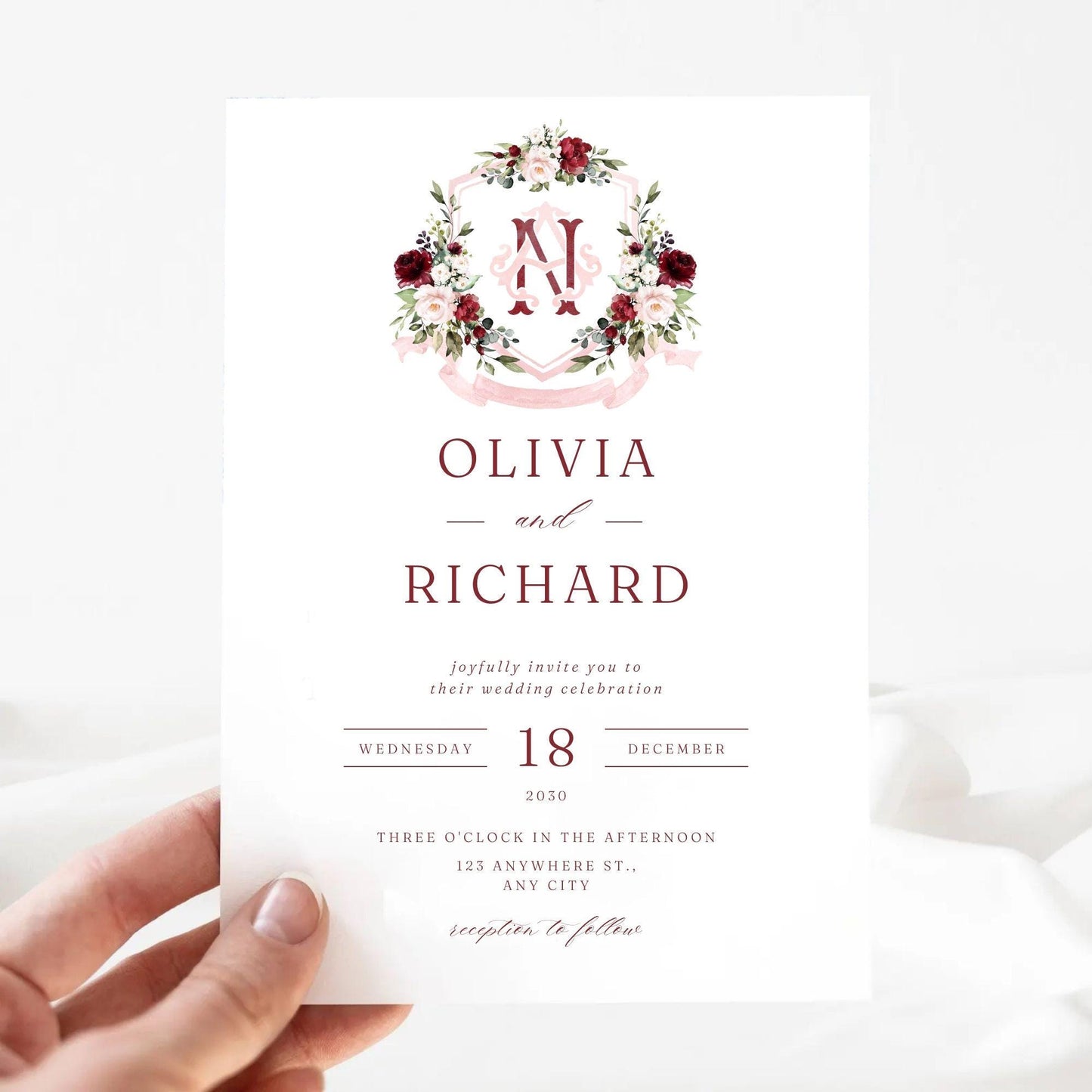 Marsala & Blush Pink Floral Rustic Greenery Flower Wedding Crest - Monogram Crest - Floral Watercolor Wedding Crest - Romantic Wedding Crest
