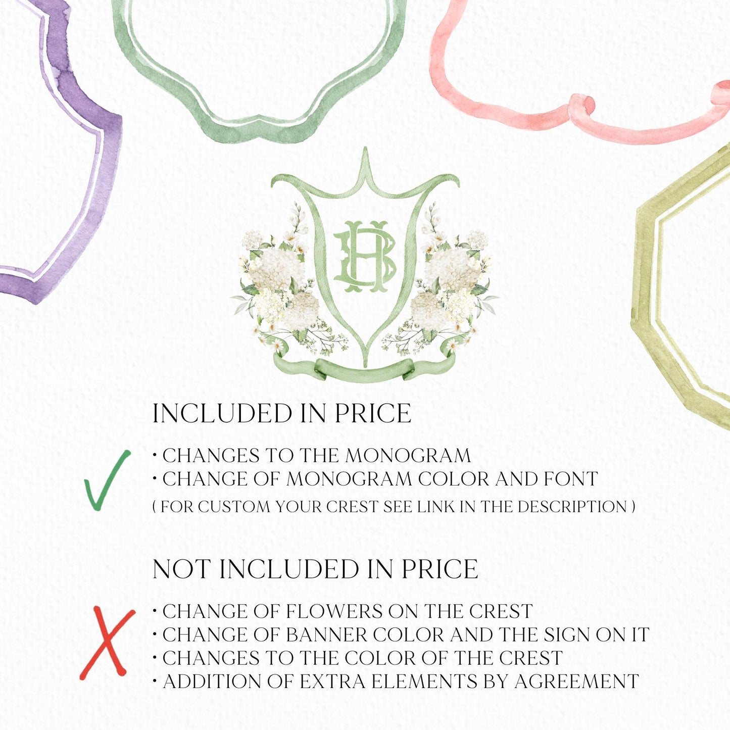 White Hydrangea Flower Wedding Crest - Monogram Crest - Hydrangea Floral Watercolor Wedding Crest - Romantic Wedding Crest - Boho Hydrangea