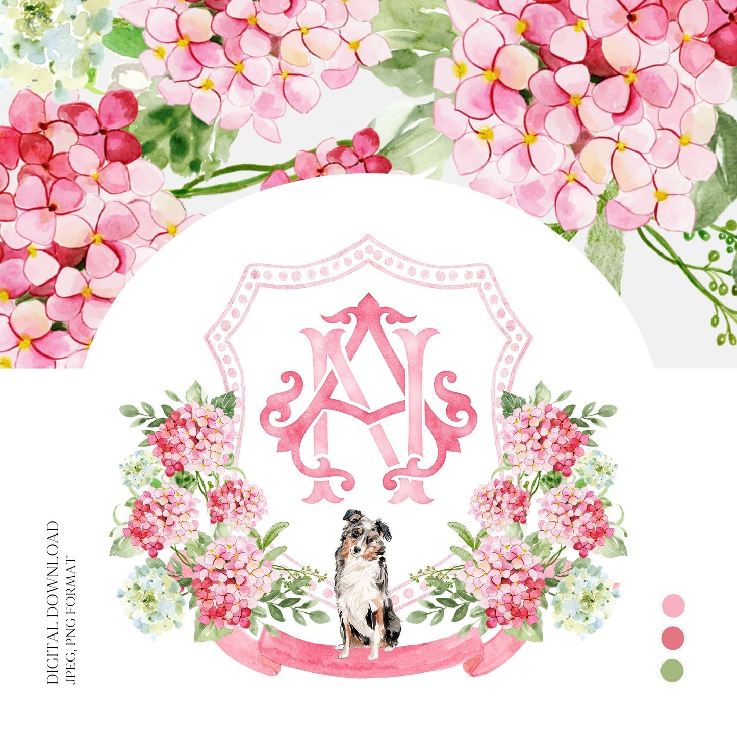 Watercolor Light Pink Hydrangea Wedding Crest – Pink Floral Monogram (Digital Download)