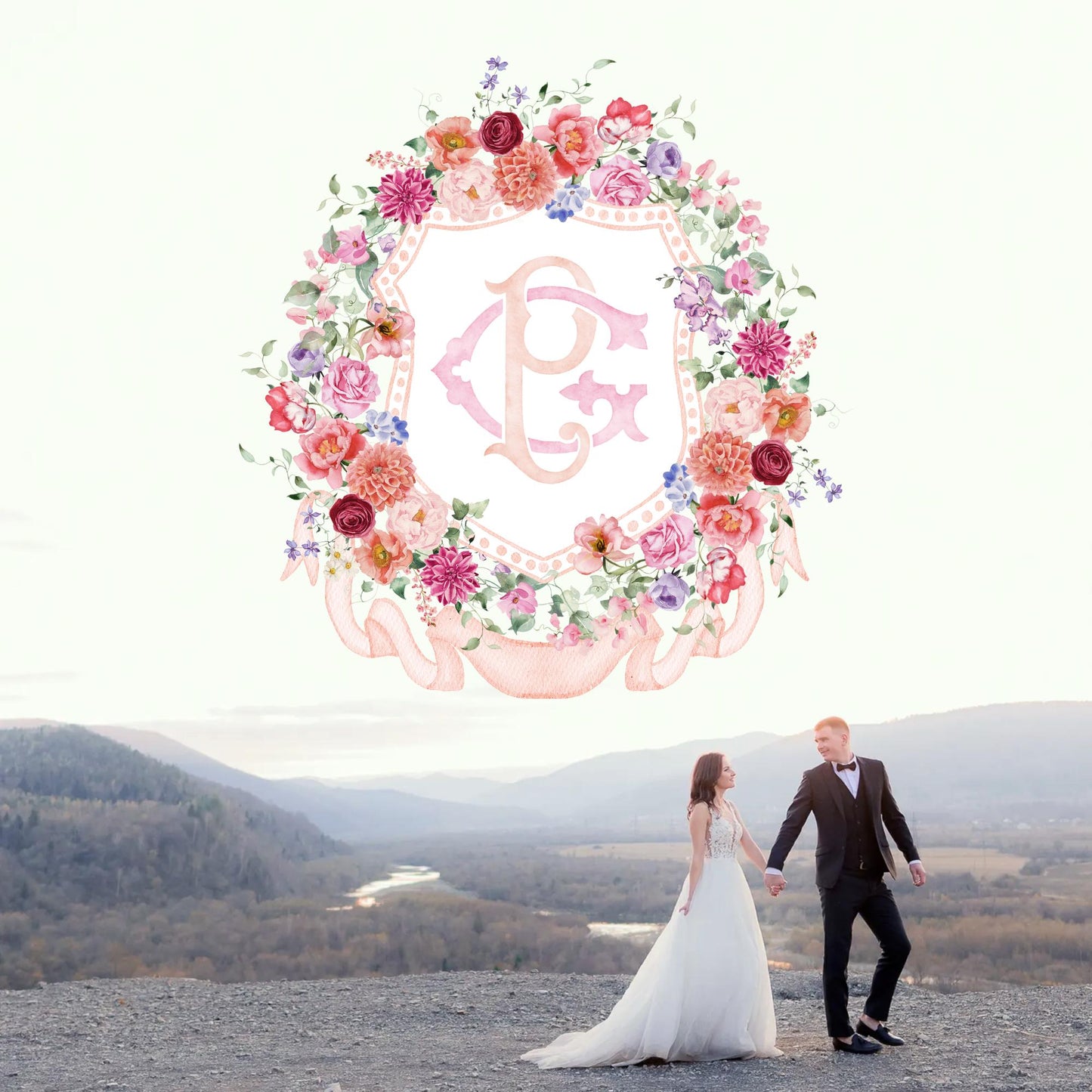 Wildflower Pink Flower Wedding Crest - Monogram Crest - Floral Luxury Watercolor Wedding Crest - Romantic Wedding Crest