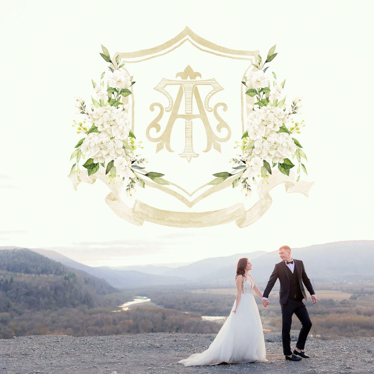 White Hydrangea Flower Wedding Crest - Monogram Crest - Hydrangea Floral Watercolor Wedding Crest - Romantic Wedding Crest - Boho Hydrangea
