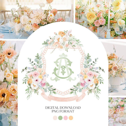 Wildflower Prink Spring Flower Wedding Crest - Monogram Crest - Wildflower bohemian Floral Watercolor Wedding Crest - Romantic Wedding Crest