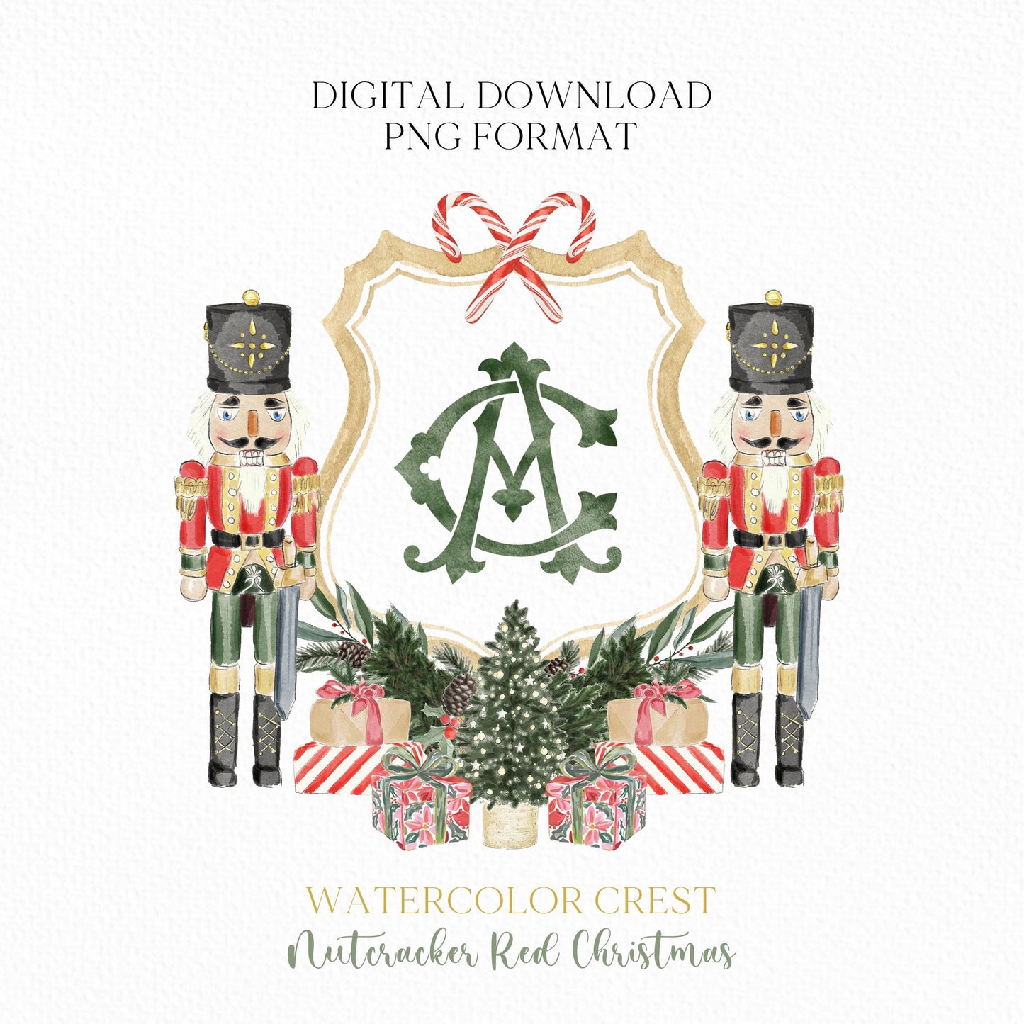 Nutcracker Christmas Crest - Monogram Crest - Christmas Watercolor Crest DIY - Luxury Watercolor Wedding Crest - Nutcracker Red Christmas