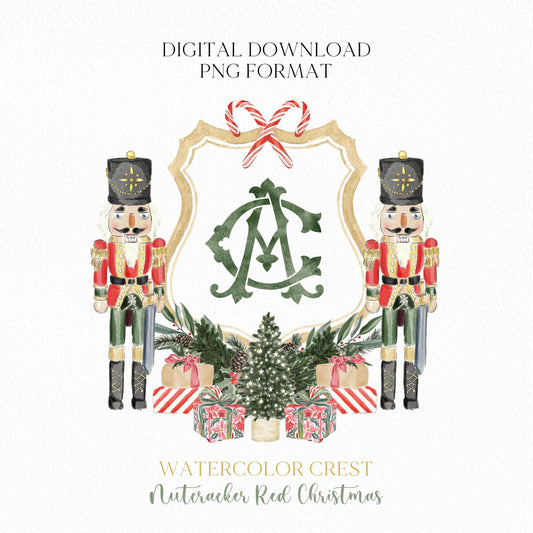 Nutcracker Christmas Crest - Monogram Crest - Christmas Watercolor Crest DIY - Luxury Watercolor Wedding Crest - Nutcracker Red Christmas