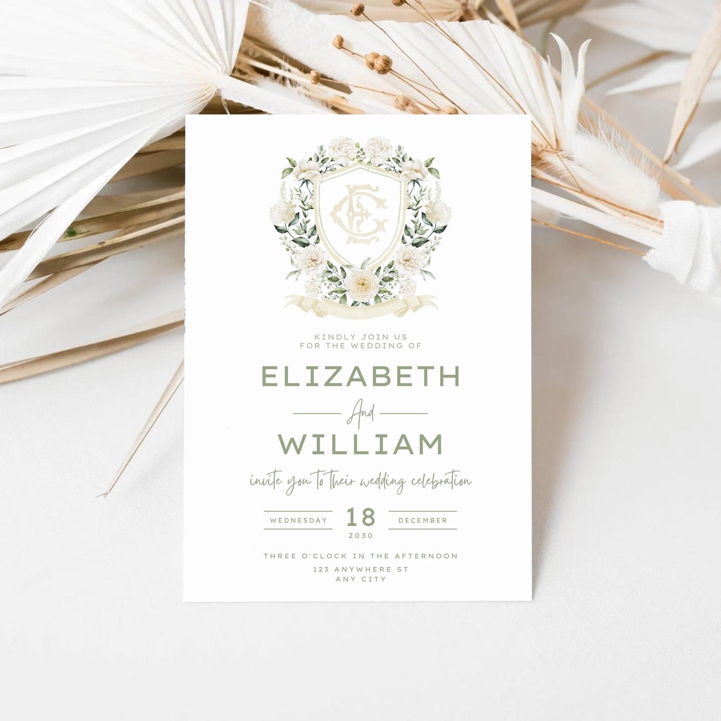 White Rose Greenery Hydrangea Flower Wedding Crest - Monogram Crest - Hydrangea White Floral Watercolor Wedding Crest Romantic Wedding Crest