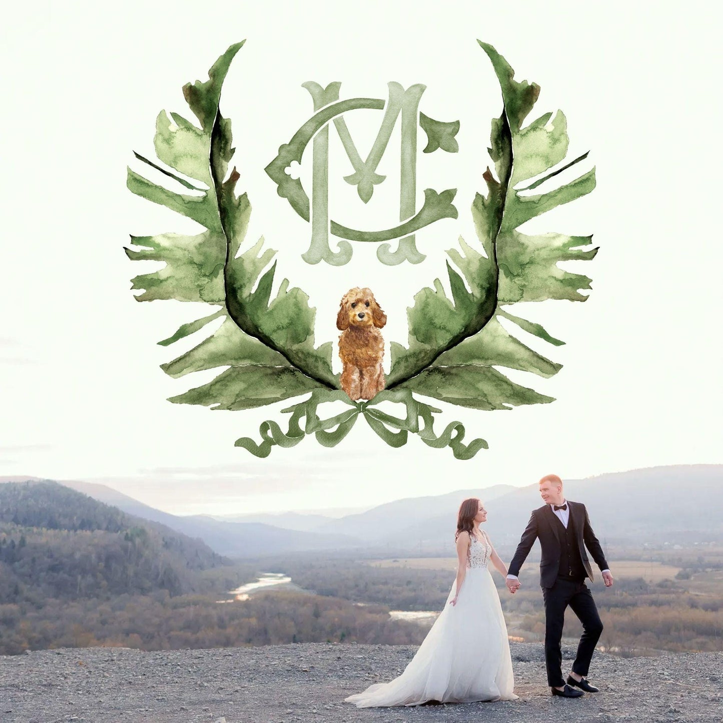 Palm Leaf Greenery Garden Watercolor Wedding Crest - Monogram Crest - Palm leaves Greenery Watercolor Wedding Crest - Romantic Wedding Crest