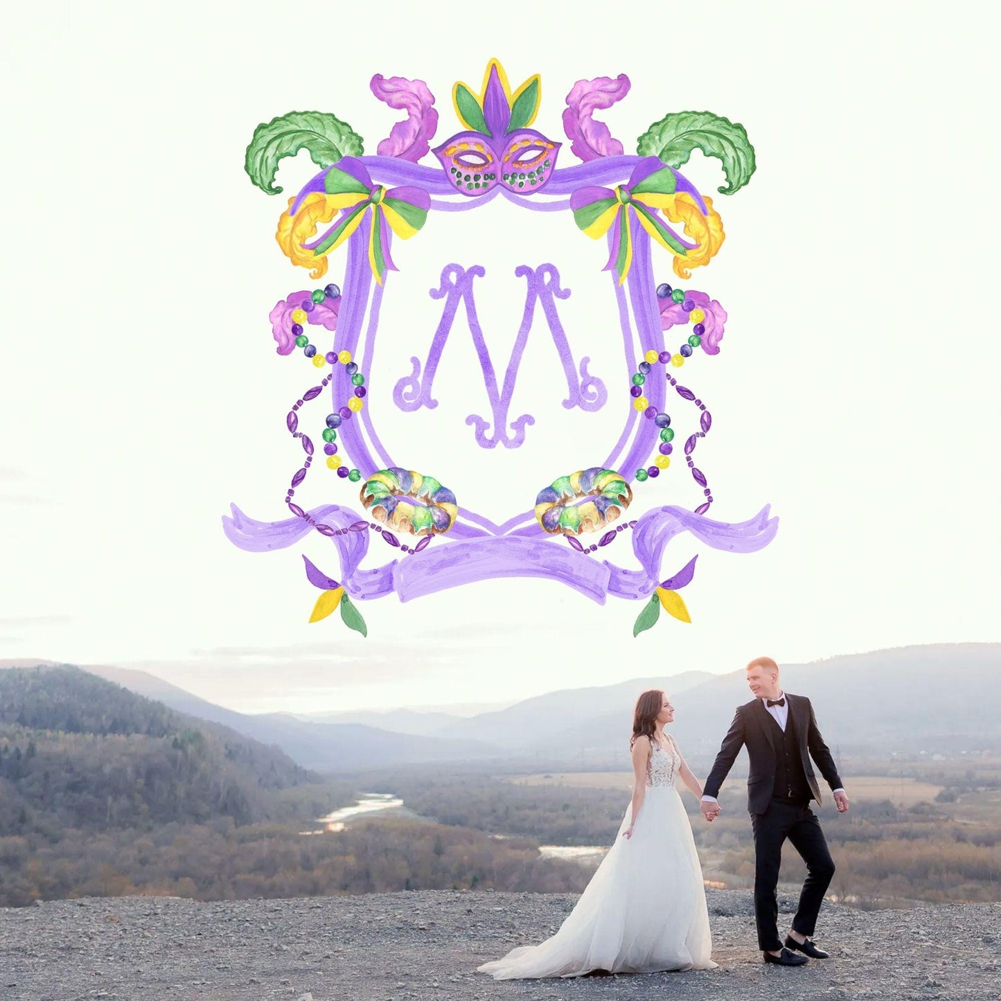 Mardi Gras New Orleans Crest Watercolor Wedding Crest - Monogram Crest - Mardi Gras Watercolor Wedding Crest Romantic Wedding Crest