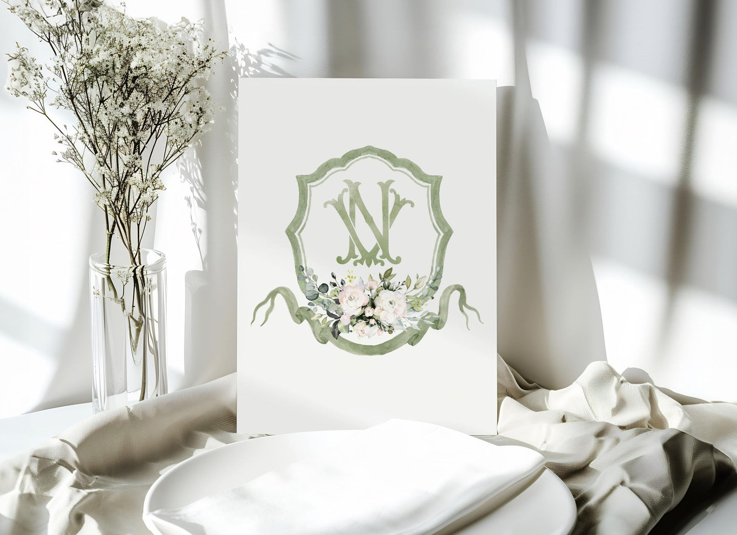 IVORY Rose Greenery Floral Flower Wedding Crest - Monogram Crest - IVORY Rose Luxury Watercolor Wedding Crest - Romantic Wedding Crest