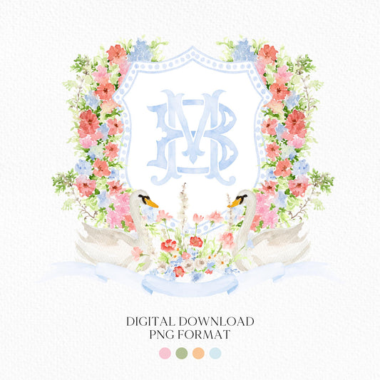 Watercolor Garden Floral Colorful Watercolor Wedding Crest - Monogram Crest - Floral Watercolor Wedding Crest - Romantic Wedding Crest