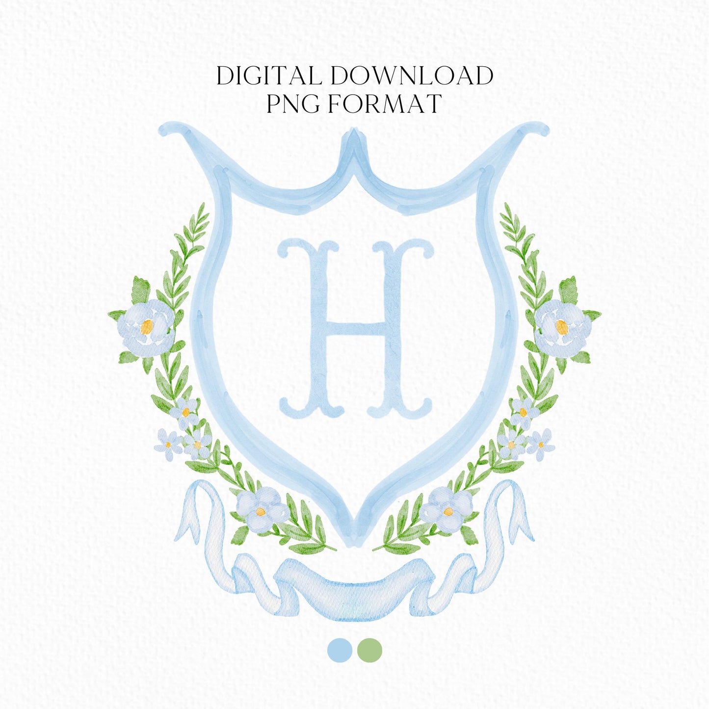 Watercolor Eucalyptus Light Blue Roses Flower Wedding Crest - Monogram Crest -  Luxury Watercolor Wedding Crest - Romantic Wedding Crest