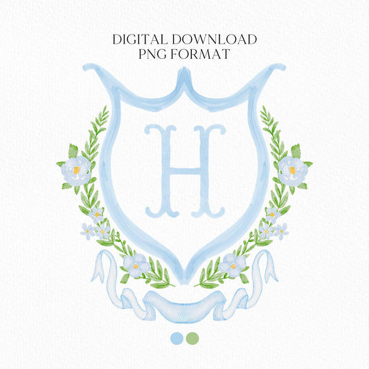 Watercolor Eucalyptus Light Blue Roses Flower Wedding Crest - Monogram Crest -  Luxury Watercolor Wedding Crest - Romantic Wedding Crest