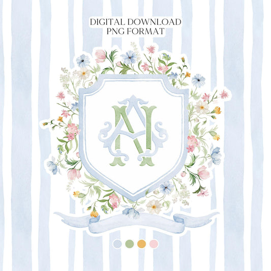 Watercolor Garden Floral Colorful Watercolor Wedding Crest - Monogram Crest - Floral Watercolor Wedding Crest - Romantic Wedding Crest