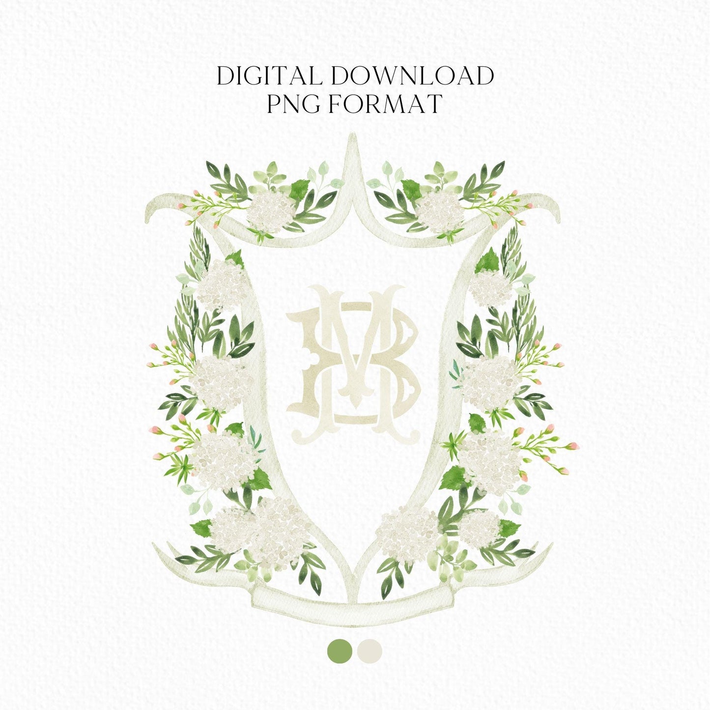 White Hydrangea Flower Wedding Crest - Monogram Crest - Hydrangea Floral Luxury Watercolor Wedding Crest - Romantic Wedding Crest