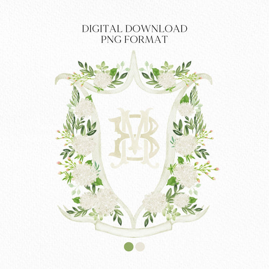 White Hydrangea Flower Wedding Crest - Monogram Crest - Hydrangea Floral Luxury Watercolor Wedding Crest - Romantic Wedding Crest