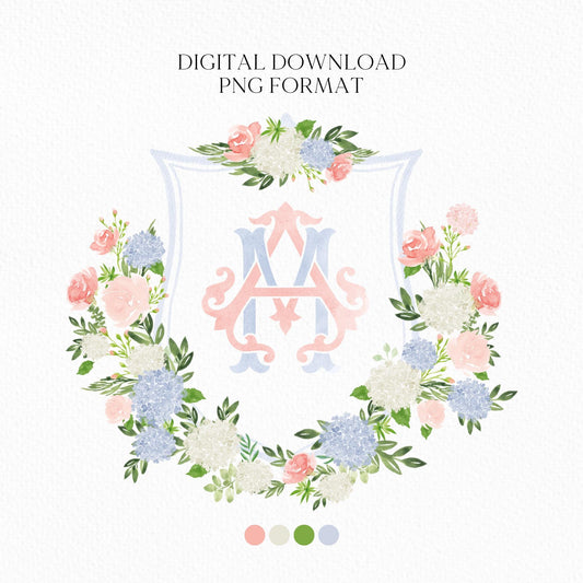 Blue Hydrangea Blush Peony Flower Wedding Crest - Monogram Crest - Floral Luxury Watercolor Wedding Crest - Romantic Wedding Crest