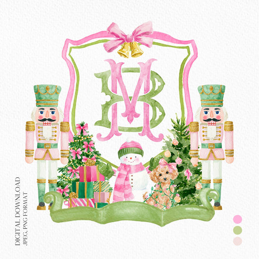 Custom Christmas Wedding Crest - Monogram Crest - Nutcracker Pink Floral Watercolor Wedding Crest - Winter Christmas Wedding Crest