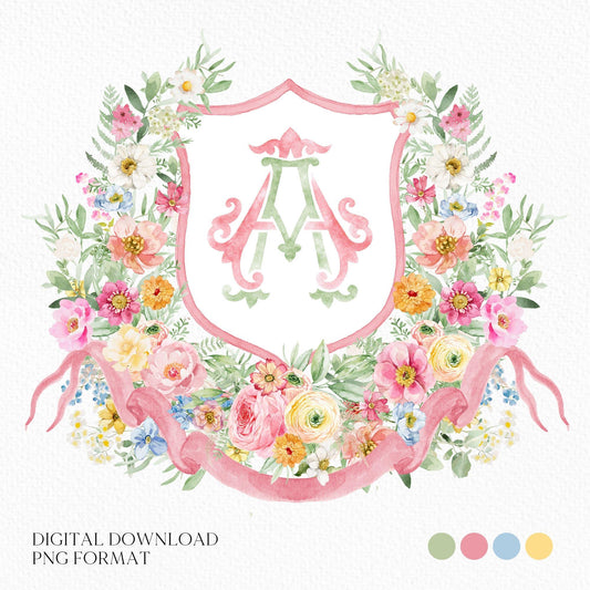 Wildflowers Bright Floral Colorful Watercolor Wedding Crest - Monogram Crest - Floral Watercolor Wedding Crest - Romantic Wedding Crest