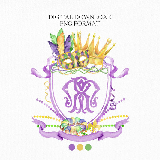Mardi Gras New Orleans Crest Watercolor Wedding Crest - Monogram Crest - Mardi Gras Watercolor Wedding Crest Romantic Wedding Crest