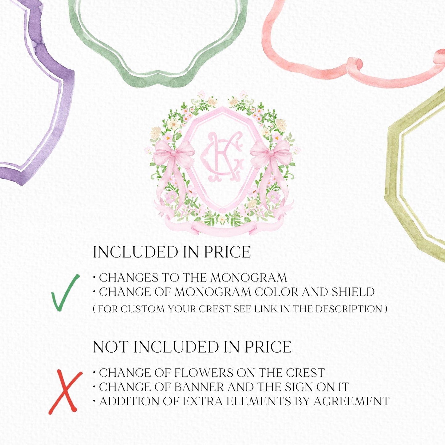Watercolor Crest wedding Pink Little Flowers Bow Greenery Flower Wedding Crest - Monogram Crest - Floral Watercolor Wedding Crest