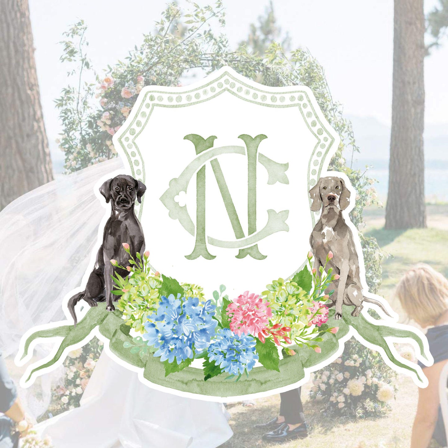 Hydrangea Blue Pink Wedding Crest - Monogram Crest - Hydrangea Green Floral Luxury Watercolor Wedding Crest - Romantic Wedding Crest