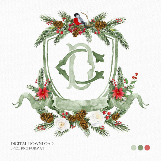 Custom Christmas Wedding Crest - Monogram Crest - Rose Hips Floral Watercolor Wedding Crest - Winter Christmas Wedding Crest - Winter Crest