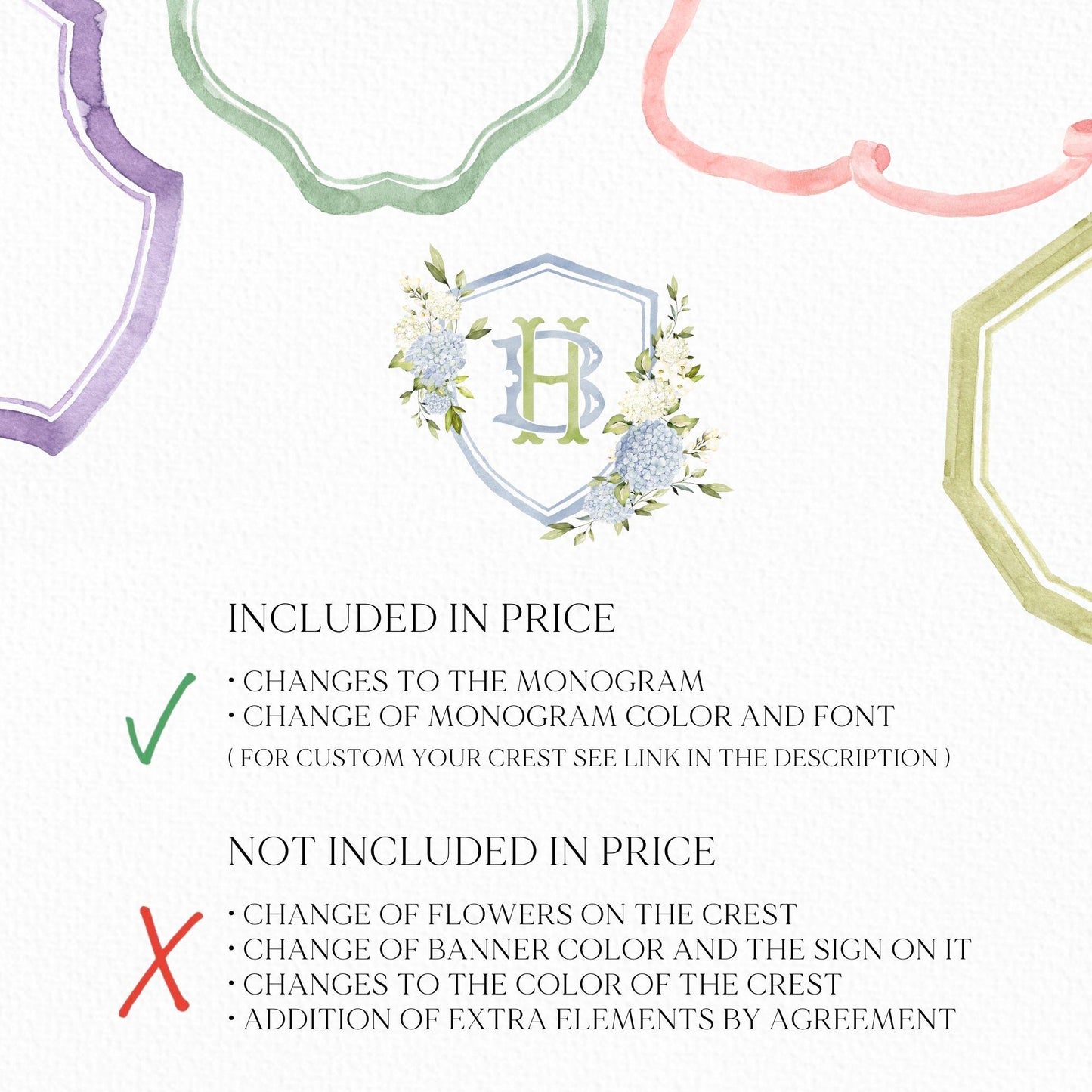 Blue White Hydrangea Flower Wedding Crest - Monogram Crest - Hydrangea Floral Luxury Watercolor Wedding Crest - Romantic Wedding Crest