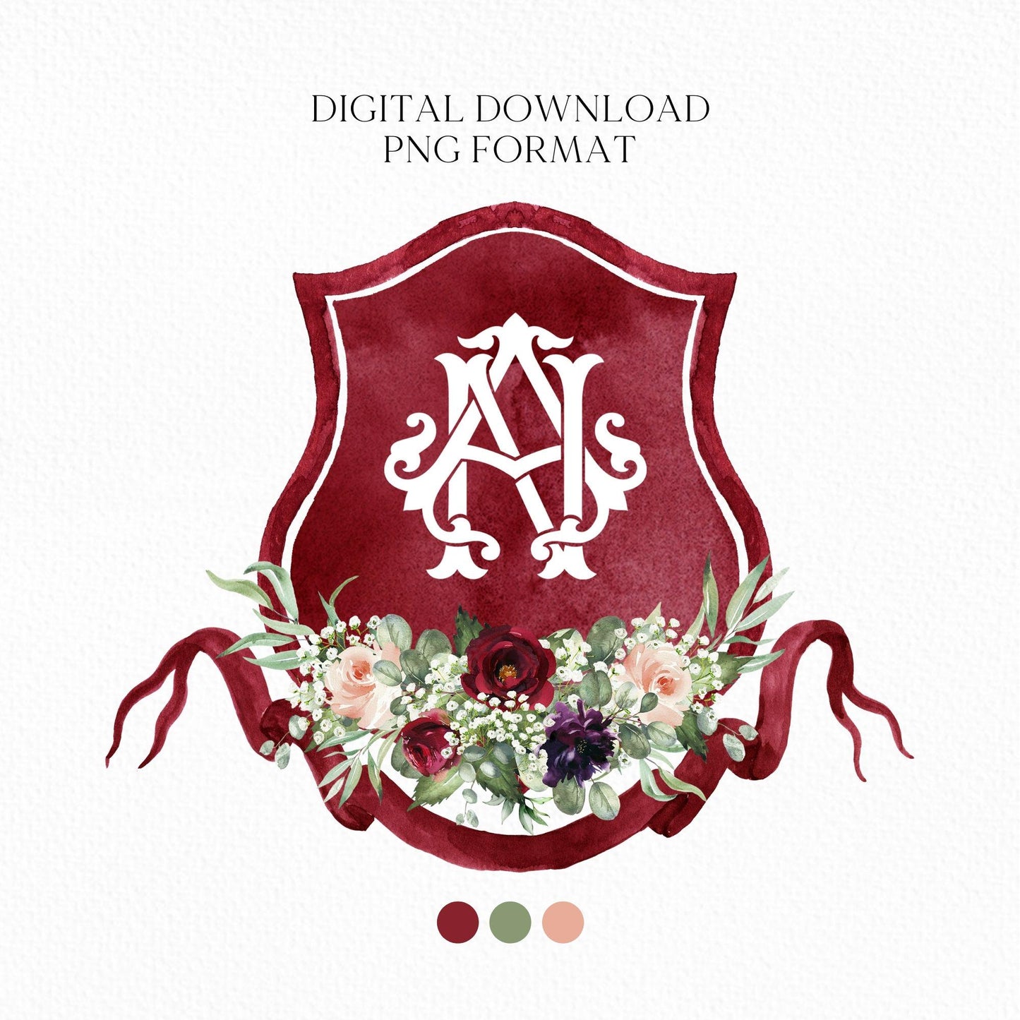 Burgundy Blush Rustic Greenery Flower Wedding Crest - Monogram Crest - Floral Luxury Watercolor Wedding Crest - Romantic Wedding Crest