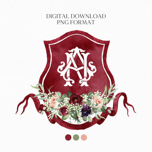 Burgundy Blush Rustic Greenery Flower Wedding Crest - Monogram Crest - Floral Luxury Watercolor Wedding Crest - Romantic Wedding Crest