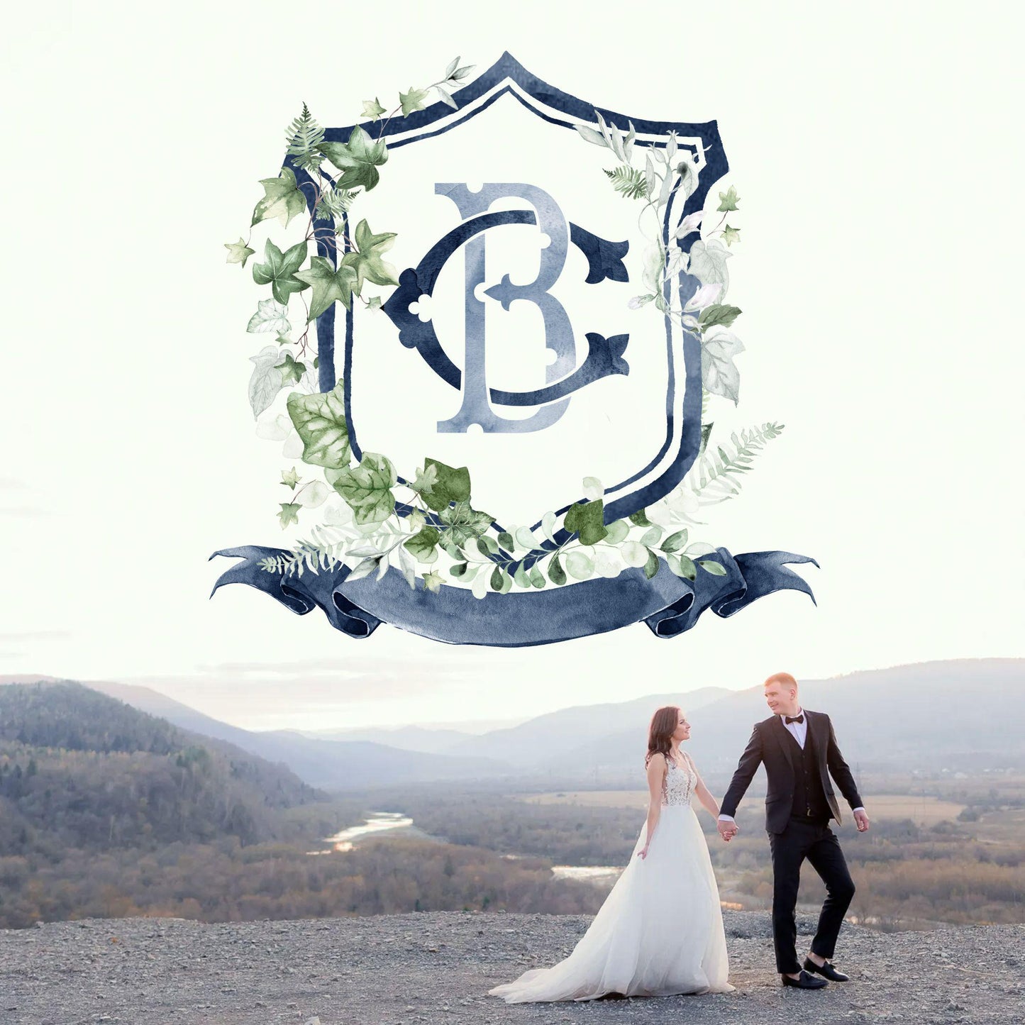 Ivy Vines Greenery Flower Wedding Crest - Monogram Crest - Green Leaf Branch Watercolor Wedding Crest - Romantic Wedding Crest