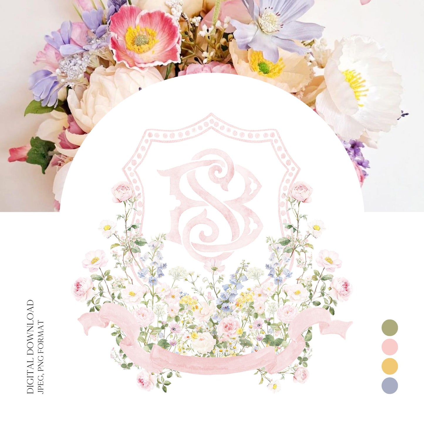 Pastel Wildflowers Light Pink Watercolor Wedding Crest - Monogram Crest - Floral Watercolor Wedding Crest - Romantic Wedding Crest