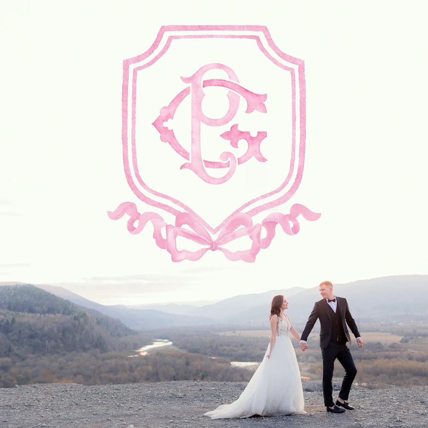 Pink Coquette Ribbon Bow Crest Wedding Crest - Monogram Crest - Pink Ribbon Bow Watercolor Wedding Crest Romantic Wedding Crest