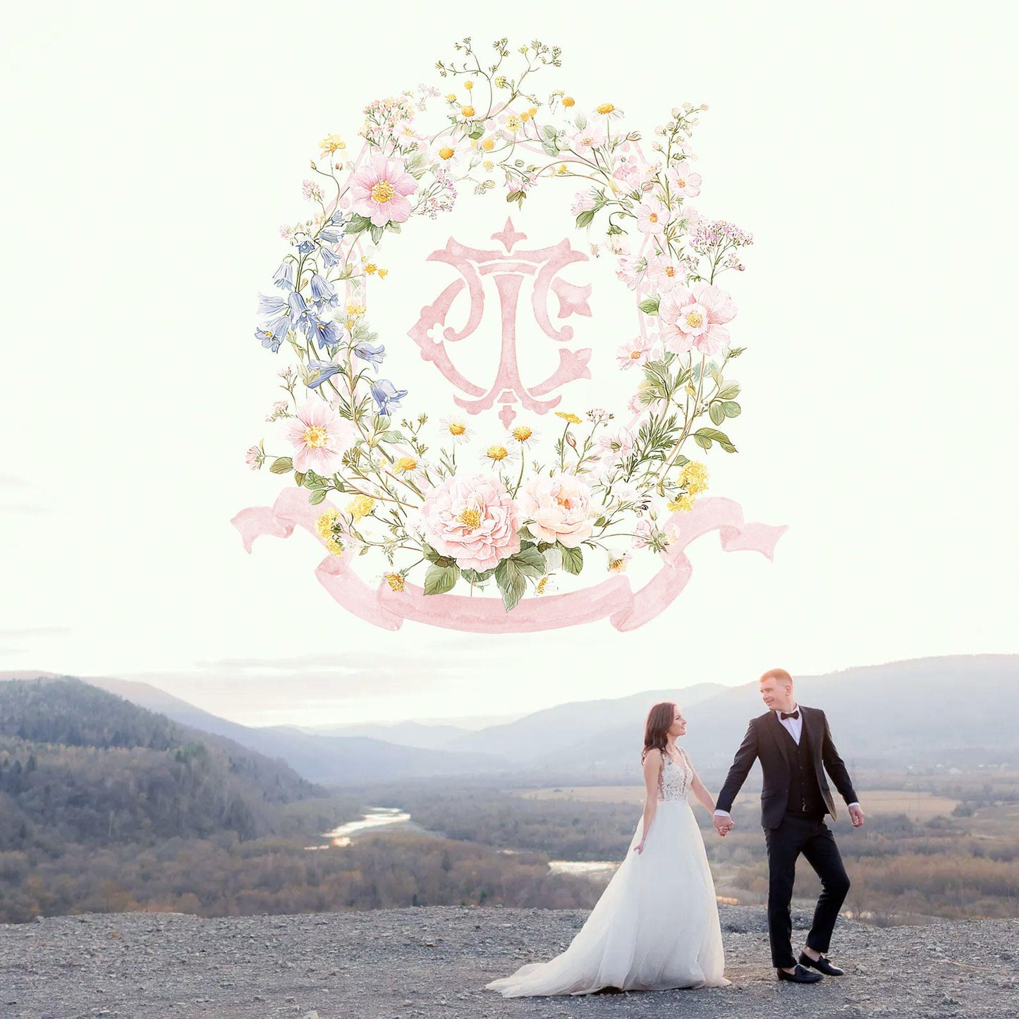 Pastel Wildflowers Light Pink Watercolor Wedding Crest - Monogram Crest - Floral Watercolor Wedding Crest - Romantic Wedding Crest