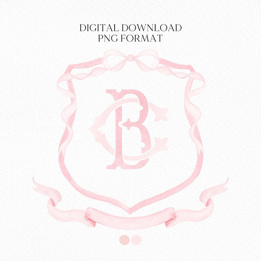 Pink Coquette Ribbon Bow Crest Wedding Crest - Monogram Crest - Pink Ribbon Bow Watercolor Wedding Crest Romantic Wedding Crest